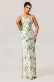 Vestido Comprido de Dama de Honor Verde com Alças Finas e Estampado Floral