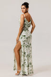Vestido Comprido de Dama de Honor Verde com Alças Finas e Estampado Floral