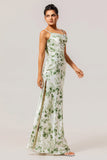 Vestido Comprido de Dama de Honor Verde com Alças Finas e Estampado Floral