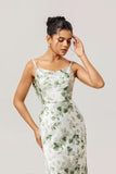 Vestido Comprido de Dama de Honor Verde com Alças Finas e Estampado Floral