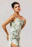 Vestido Comprido de Dama de Honor Verde com Alças Finas e Estampado Floral