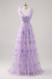 Flor de lavanda Uma linha cortada plissado longo vestido de dama de honra