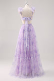 Flor de lavanda Uma linha cortada plissado longo vestido de dama de honra