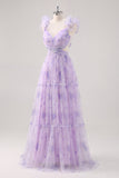 Flor de lavanda Uma linha cortada plissado longo vestido de dama de honra