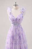 Flor de lavanda Uma linha cortada plissado longo vestido de dama de honra