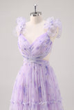 Flor de lavanda Uma linha cortada plissado longo vestido de dama de honra