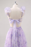 Flor de lavanda Uma linha cortada plissado longo vestido de dama de honra