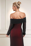 Preto Vermelho Fora do Ombro Bainha Longo Vestidos Cerimónia com Mangas Compridas