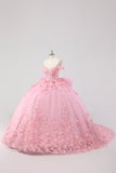 Princesa Blush Pink Ball Gown Fora do Ombro Beaded Butterfly Tulle Quinceanera Vestido com Arco