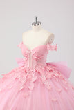 Princesa Blush Pink Ball Gown Fora do Ombro Beaded Butterfly Tulle Quinceanera Vestido com Arco