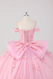 Princesa Blush Pink Ball Gown Fora do Ombro Beaded Butterfly Tulle Quinceanera Vestido com Arco