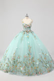 Princesa Mint Ball Gown Esparguete Correias Tule Quinceanera Vestido com Apliques Flor