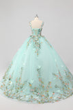 Princesa Mint Ball Gown Esparguete Correias Tule Quinceanera Vestido com Apliques Flor