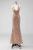 Glitter Champagne Sereia Halter Open Back Long Prom Dress com Sequins