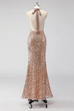 Glitter Champagne Sereia Halter Open Back Long Prom Dress com Sequins