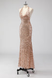 Glitter Champagne Sereia Halter Open Back Long Prom Dress com Sequins