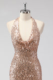 Glitter Champagne Sereia Halter Open Back Long Prom Dress com Sequins