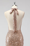 Glitter Champagne Sereia Halter Open Back Long Prom Dress com Sequins