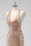 Glitter Champagne Sereia Halter Open Back Long Prom Dress com Sequins