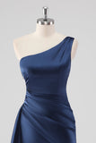 Elegante Navy cetim um ombro vestido formal com fenda