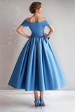 Azul Fora do Ombro A-Line Satin Tea Comprimento Mãe Do Vestido da Noiva com Arco