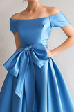 Azul Fora do Ombro A-Line Satin Tea Comprimento Mãe Do Vestido da Noiva com Arco