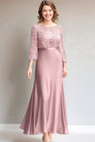 Renda rosa Ruched mangas compridas mãe do vestido da noiva