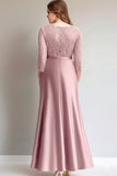 Renda rosa Ruched mangas compridas mãe do vestido da noiva