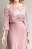 Renda rosa Ruched mangas compridas mãe do vestido da noiva