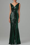 Sereia Verde Escuro V-Neck Sequins plissado vestido formal