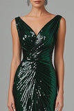 Sereia Verde Escuro V-Neck Sequins plissado vestido formal