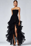 Preto Strapless Tule Tiered Ruffles Vestido Formal