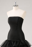 Vestidos Cerimónia Preto Longo Sem Alças Chiffon Tule Assimétrico