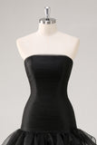 Vestidos Cerimónia Preto Longo Sem Alças Chiffon Tule Assimétrico