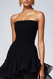 Preto Strapless Tule Tiered Ruffles Vestido Formal