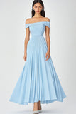 Off the Shoulder Sky Blue Uma Linha Ruched Chiffon Vestido Formal