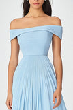 Off the Shoulder Sky Blue Uma Linha Ruched Chiffon Vestido Formal