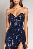 Sparkly Sequins Sereia Marinha Strapless Tight Formal Dress com Fenda