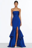 Sereia Strapless Royal Blue Satin Vestido Formal Longo com Fenda