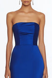 Sereia Strapless Royal Blue Satin Vestido Formal Longo com Fenda