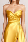 Amarelo A-Line Strapless Wrap Ruched cetim longo vestido formal com fenda