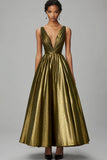 Sparkly Dark Gold A-Line V Pescoço Ruched Tornozelo Comprimento Vestido Formal