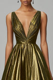 Sparkly Dark Gold A-Line V Pescoço Ruched Tornozelo Comprimento Vestido Formal