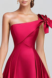 Fuchsia A-Line Um Ombro Arco Cetim Vestido Formal Longo