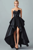 Sparkly Preto Hi-Low A-Line Strapless 3D Flores Ruffle Cetim Vestido Formal