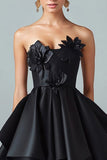 Sparkly Preto Hi-Low A-Line Strapless 3D Flores Ruffle Cetim Vestido Formal