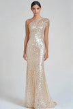 Sparkly Champagne Sereia Um Ombro Vestido Formal com Sequins