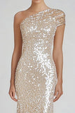 Sparkly Champagne Sereia Um Ombro Vestido Formal com Sequins