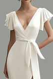 Branco Deep V Neck Sereia Cetim Vestido Formal com Fenda