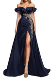 Sparkly Small Puff Mangas Navy Blue Beaded Cetim Uma Linha Vestido Formal com Fenda